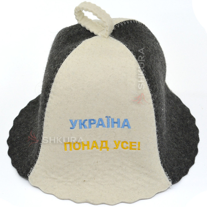 Шапка для бани "Україна понад усе!", серо-белая
