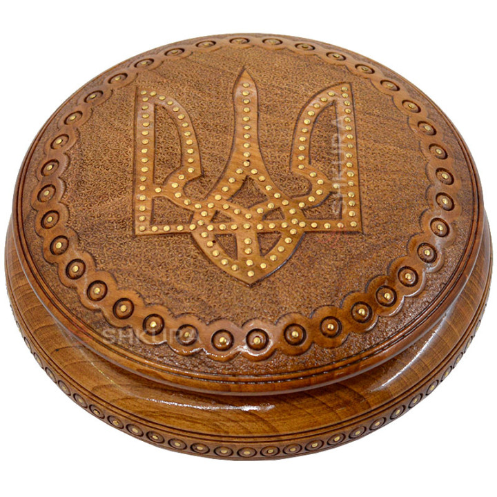 Шкатулка круглая, резная В06. Герб Украины