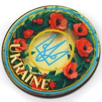 Магніт на холодильник, коло, "Ukraine, Тризуб, маки", 6х6 см