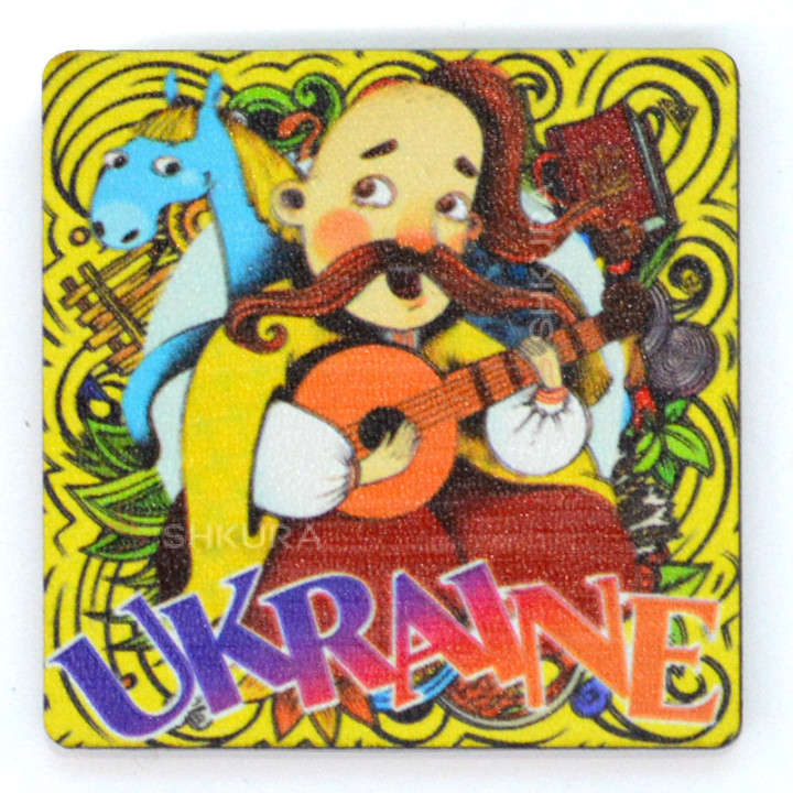 Магніт на холодильник, квадрат, "Ukraine, кобзар", 6х6 см