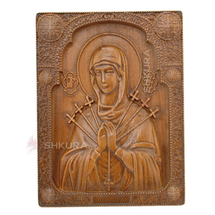 Різьблена ікона "Богородиця Семистрільна", 18x14 см
