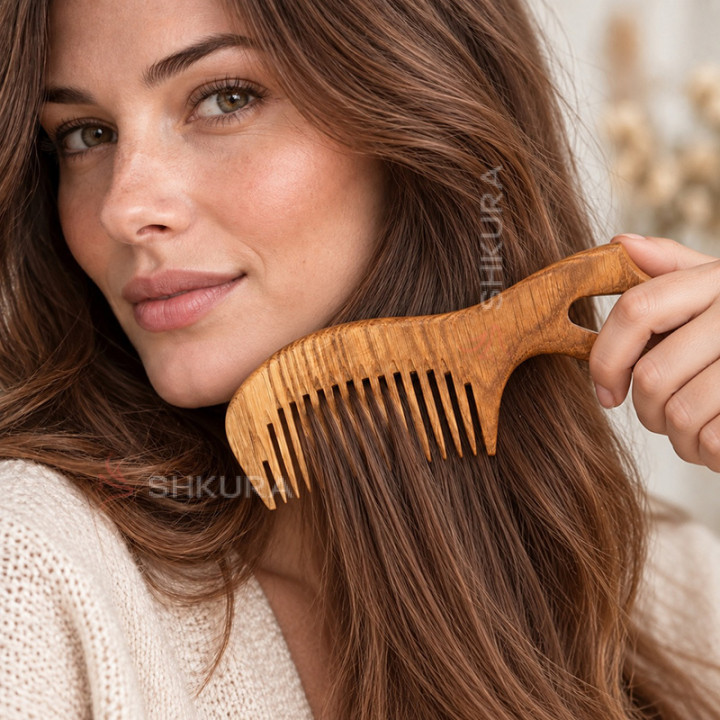 Деревянная расческа с ручкой "Hairwood", густые зубья. Дуб