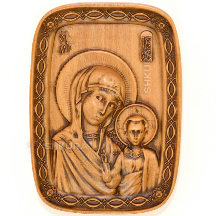 Різьблена ікона "Богородиця та Ісус", овальна, 17х12 см