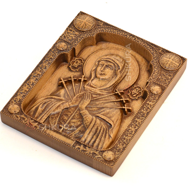 Різьблена ікона "Богородиці Семистрільна", 14x12 см