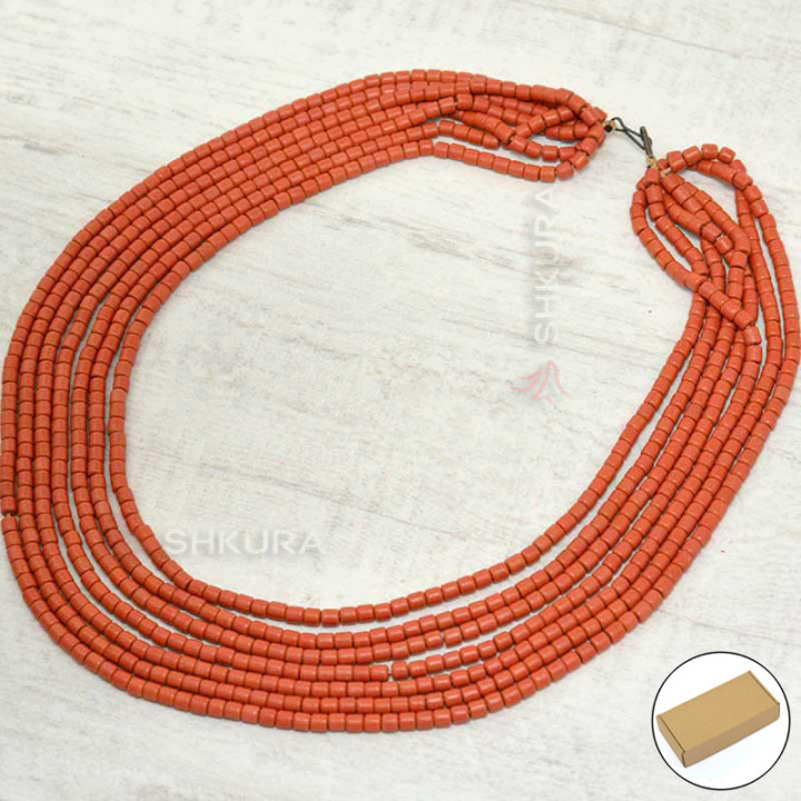 Бусы из керамики, 7-ми рядные, кораловые, 50 см