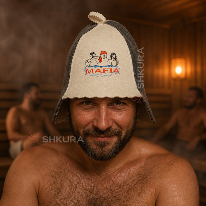 Шапка для сауны "MAFIA", серо-белая
