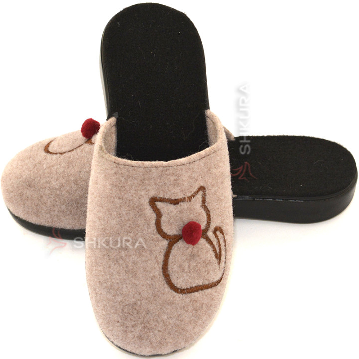 Тапочки войлочные, женские "Кошка", бежеве