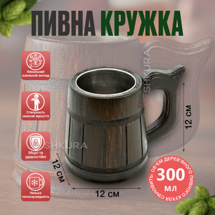 Пивна кружка 0,3л з металом. Темна