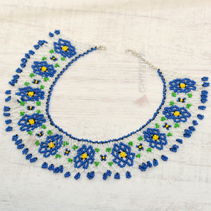 Намисто з бісеру "Силянка", синьо-біле, широке