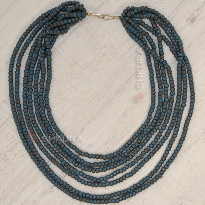 Бусы из керамики, 7-ми рядные, синие, 50 см