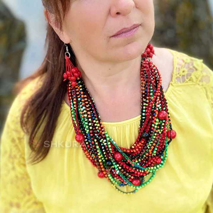 Дерев'яне намисто "Гердан" бісер+дерево, різнокольорові
