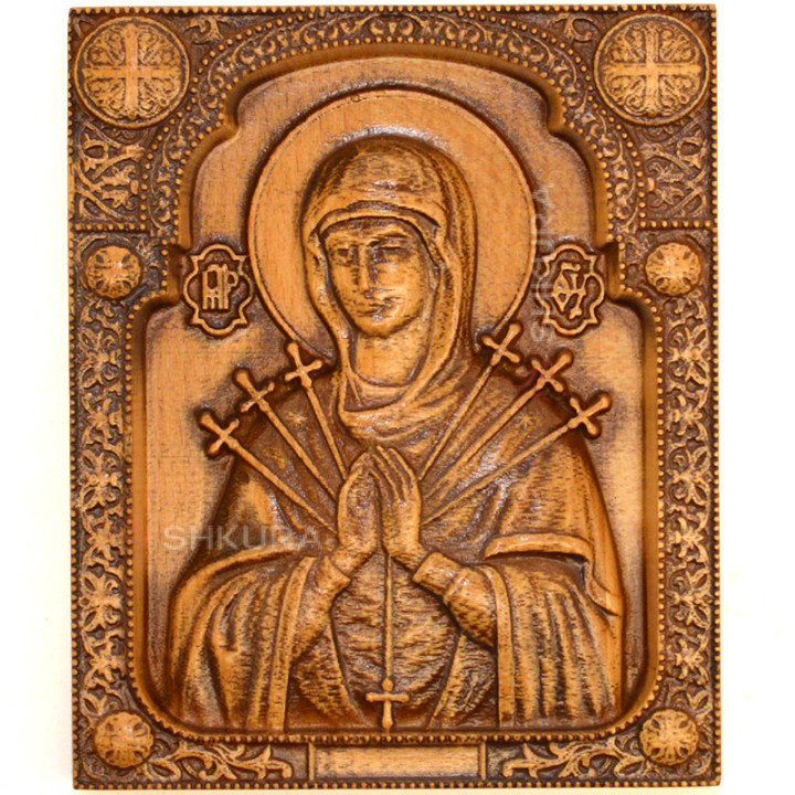 Різьблена ікона "Богородиці Семистрільна", 14x12 см