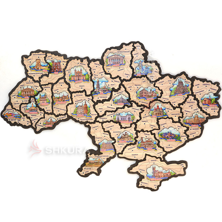 Дерев'яна мапа України, пазл, 50х35 см, різнокольорова