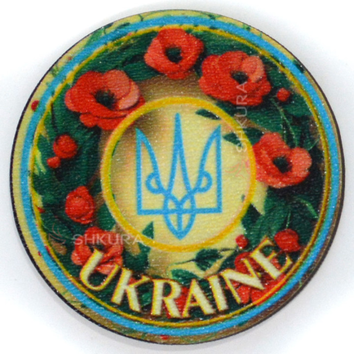 Магніт на холодильник, коло, "Ukraine, Тризуб, маки", 6х6 см