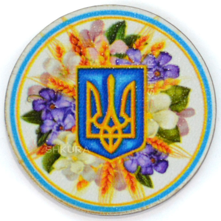 Магніт на холодильник, коло, "Тризуб, квіти", 6х6 см