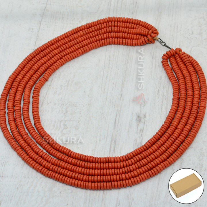 Бусы из керамики, 5-ти рядные, кораловое, 50 см, масивное, круглое