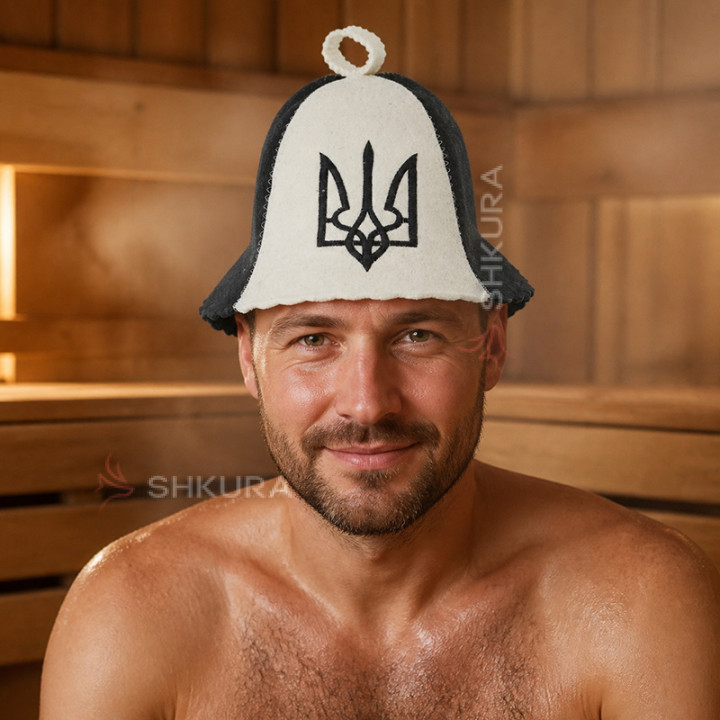 Шапка для бані "Тризуб!", сіро-біла