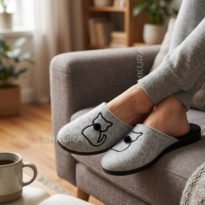 Тапочки войлочные, женские "Кошка", серые